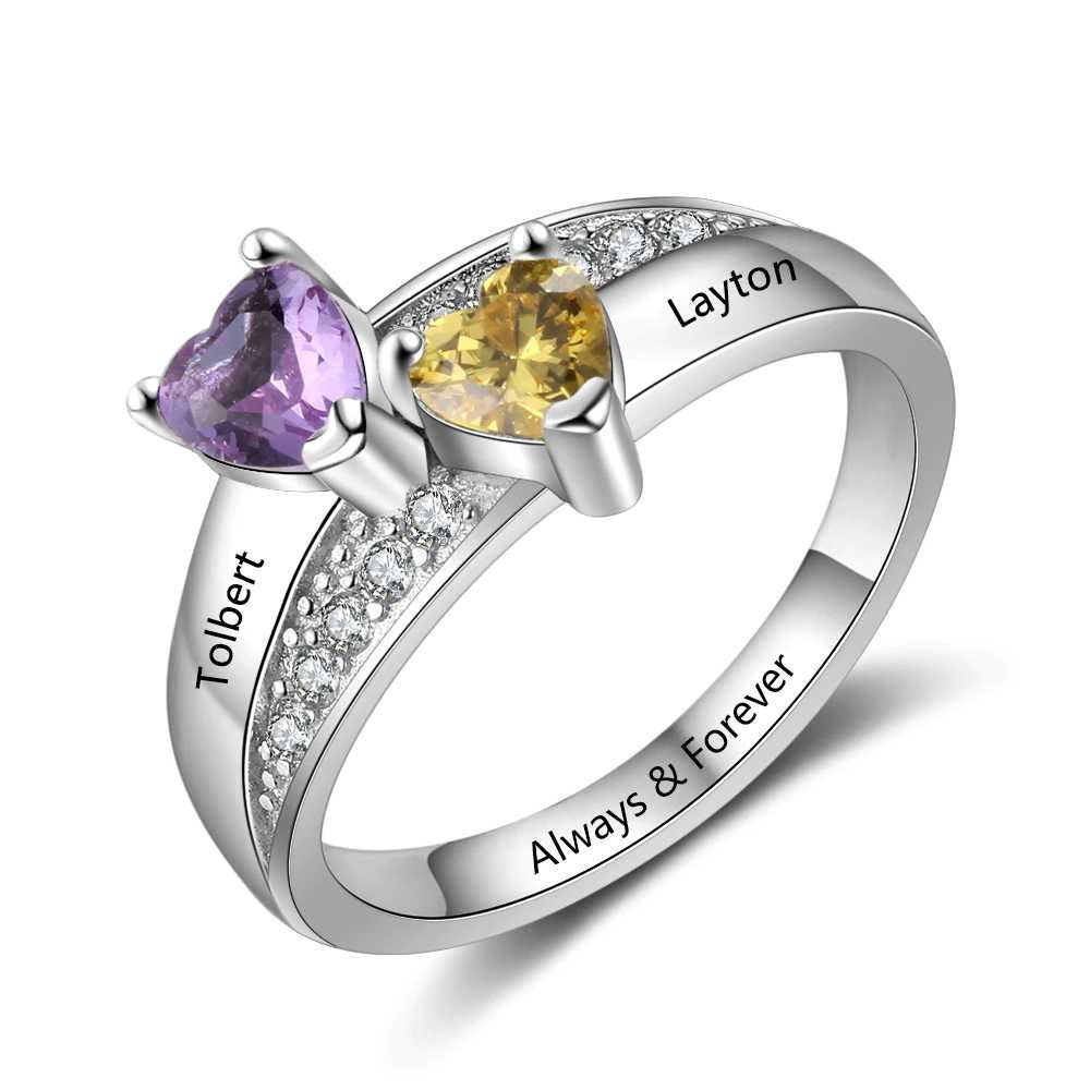 Sterling Silver Custom Name Ring with 2 Heart Birthstones Personalized Wedding Engagement Ring Mother Gift Rings