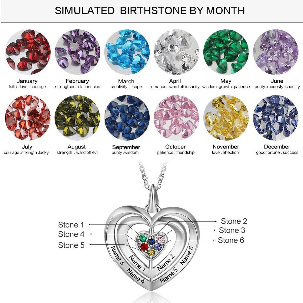 Personalized Sterling Silver Mothers Necklace with 6 Birthstones Fine Jewelry Custom Name Heart Pendant Gift for Grandmother Necklaces