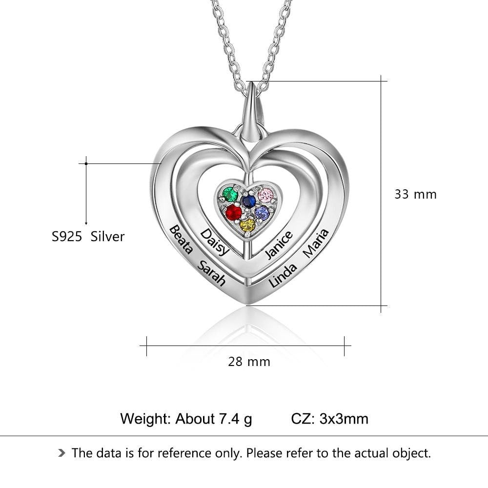 Personalized Sterling Silver Mothers Necklace with 6 Birthstones Fine Jewelry Custom Name Heart Pendant Gift for Grandmother Necklaces