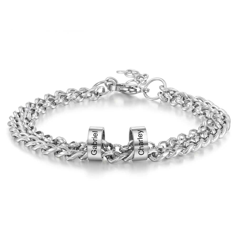 Personalized Stainless Steel Beads Charm Bracelet Custom Engrave Name Adjustable Chain Bracelets for Men Father Jewelry Customized Bracelets