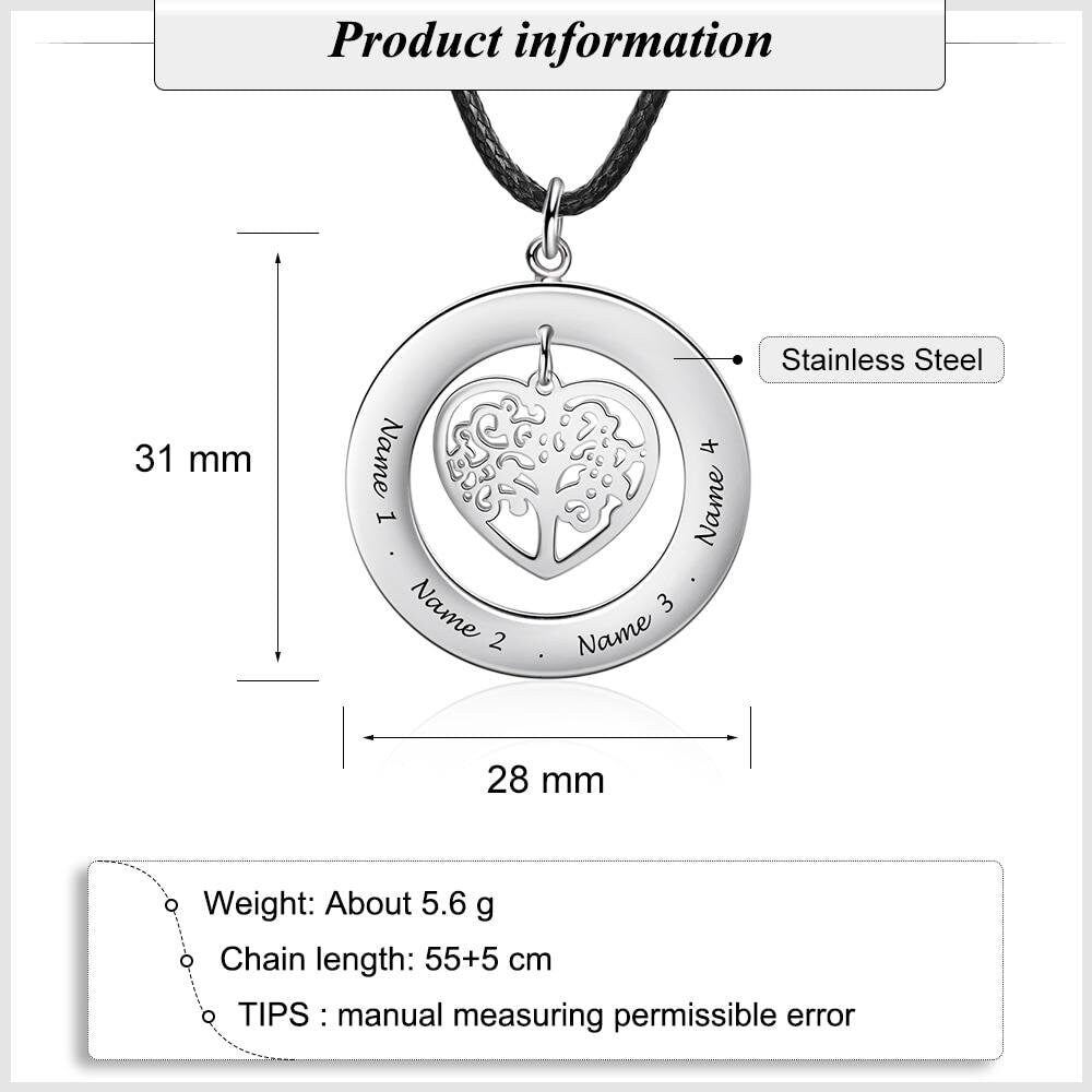 Customized Stainless Steel Tree of Life Men Necklace Personalized Family Names Engrave Pendant for Men Fathers Day Gift Customized Necklaces