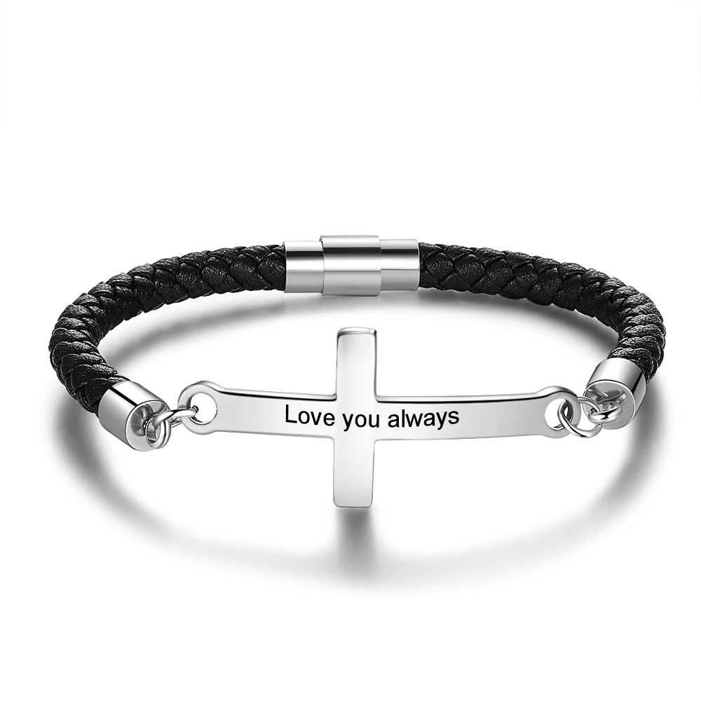 Personalized Stainless Steel Cross Engraved Name Men Bracelets Vintage Black Leather Bracelets for Men Birthday Gift for Father Customized