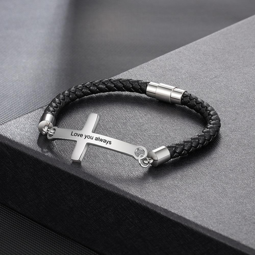Personalized Stainless Steel Cross Engraved Name Men Bracelets Vintage Black Leather Bracelets for Men Birthday Gift for Father Customized