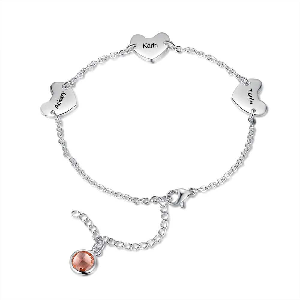 Customized Engraving Name Bracelet with Birthstone Personalized 3 Hearts Chain Bracelet Unique Gift for Girlfriend Customized Bracelets