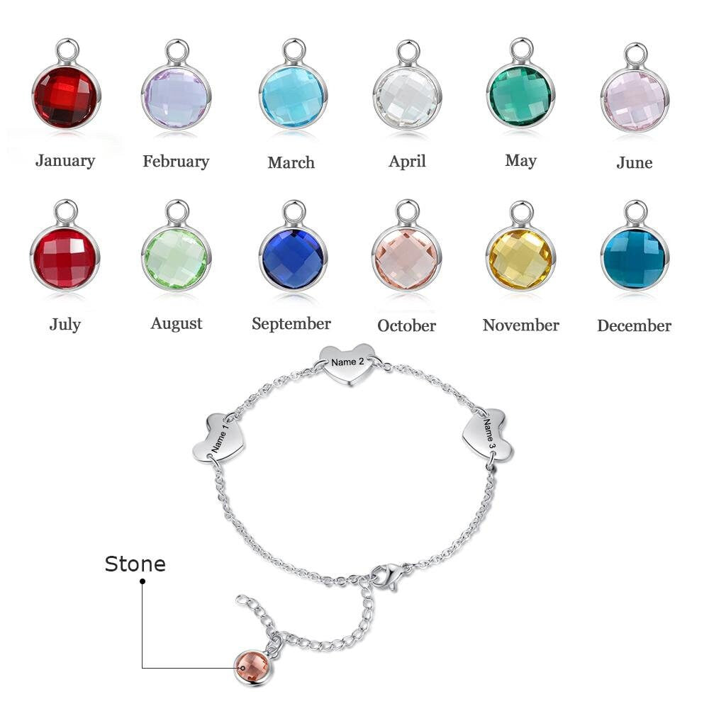 Customized Engraving Name Bracelet with Birthstone Personalized 3 Hearts Chain Bracelet Unique Gift for Girlfriend Customized Bracelets