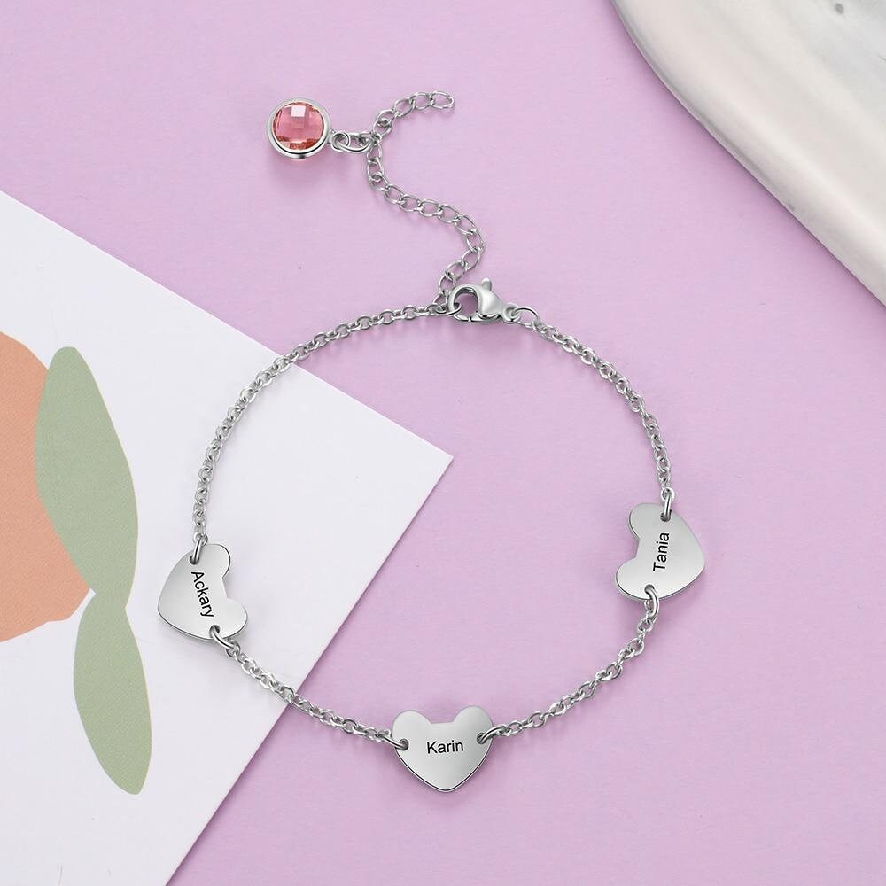 Customized Engraving Name Bracelet with Birthstone Personalized 3 Hearts Chain Bracelet Unique Gift for Girlfriend Customized Bracelets