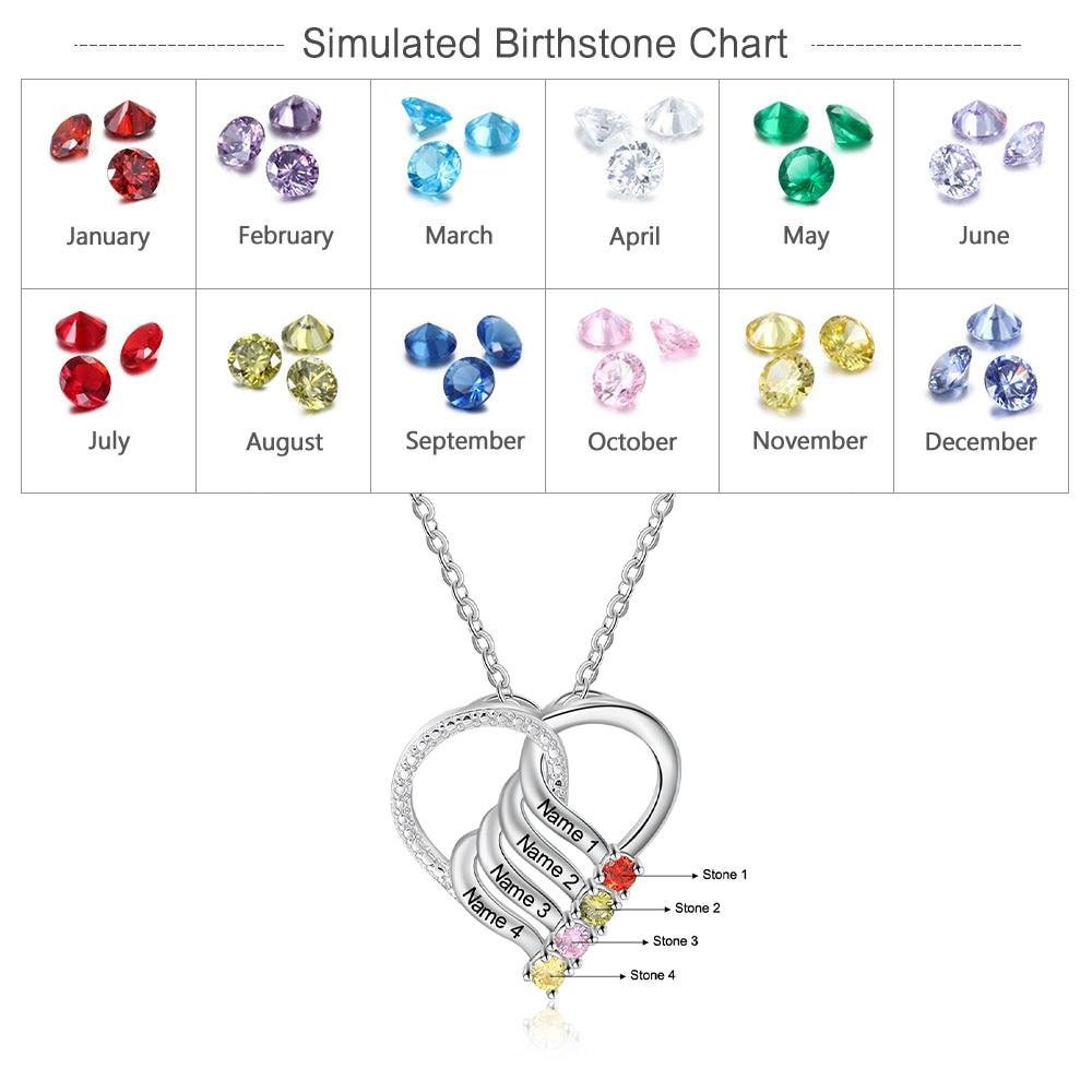 Personalized Family Heart Pendant Necklace with 4 Birthstones Customized Engraving Name Mother Necklace New Year Gifts Customized Necklaces