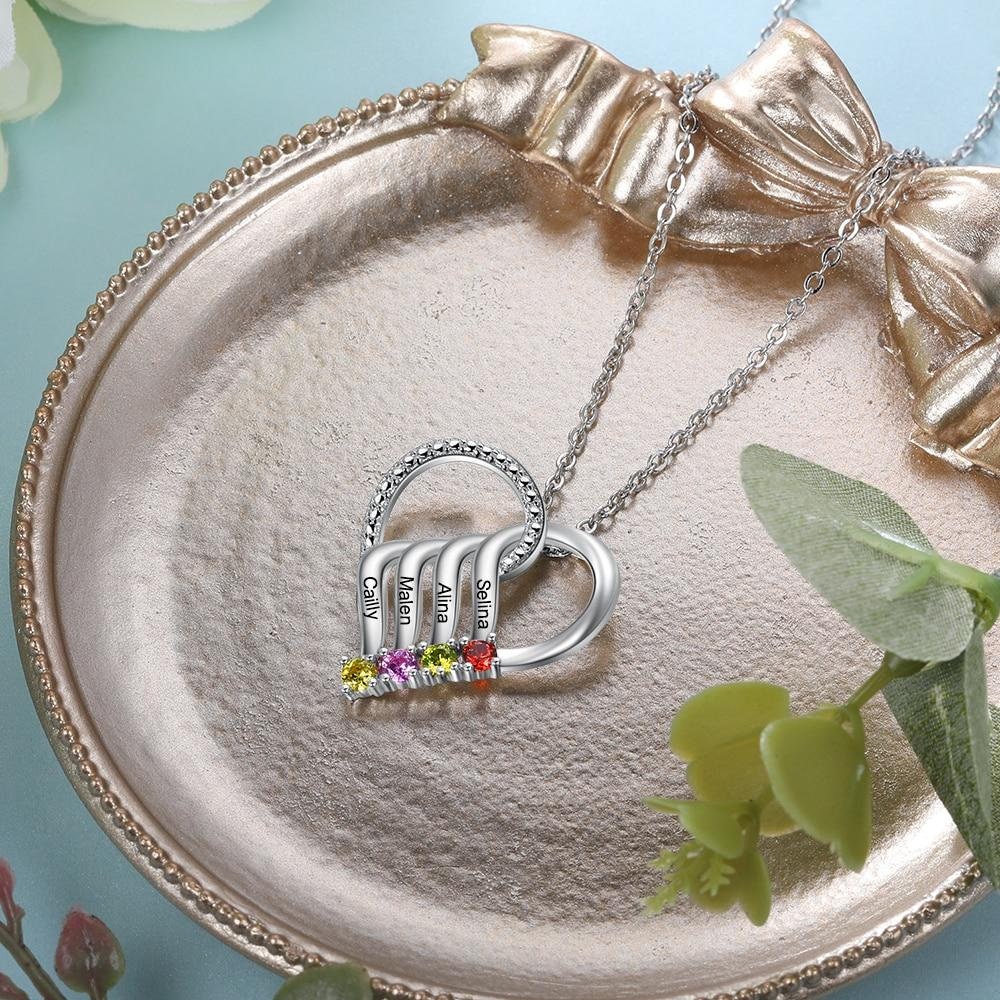 Personalized Family Heart Pendant Necklace with 4 Birthstones Customized Engraving Name Mother Necklace New Year Gifts Customized Necklaces