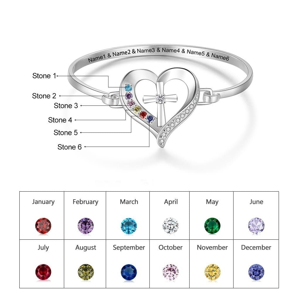 Personalized Name Bracelet with 6 Simulated Birthstones Engraved Mother Children Names Cross & Heart Bangles for Women Customized Bangles