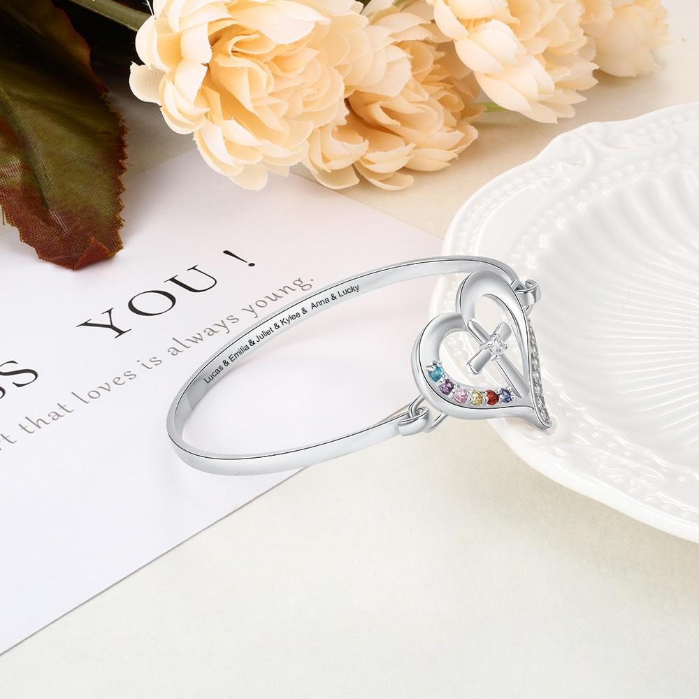 Personalized Name Bracelet with 6 Simulated Birthstones Engraved Mother Children Names Cross & Heart Bangles for Women Customized Bangles