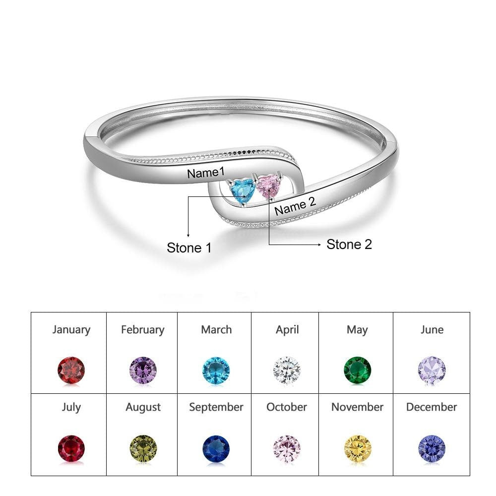 Personalized Name Bracelets With 2 Heart Birthstones Customized Engraved Bangles for Women Couple Gift Customized Bangles