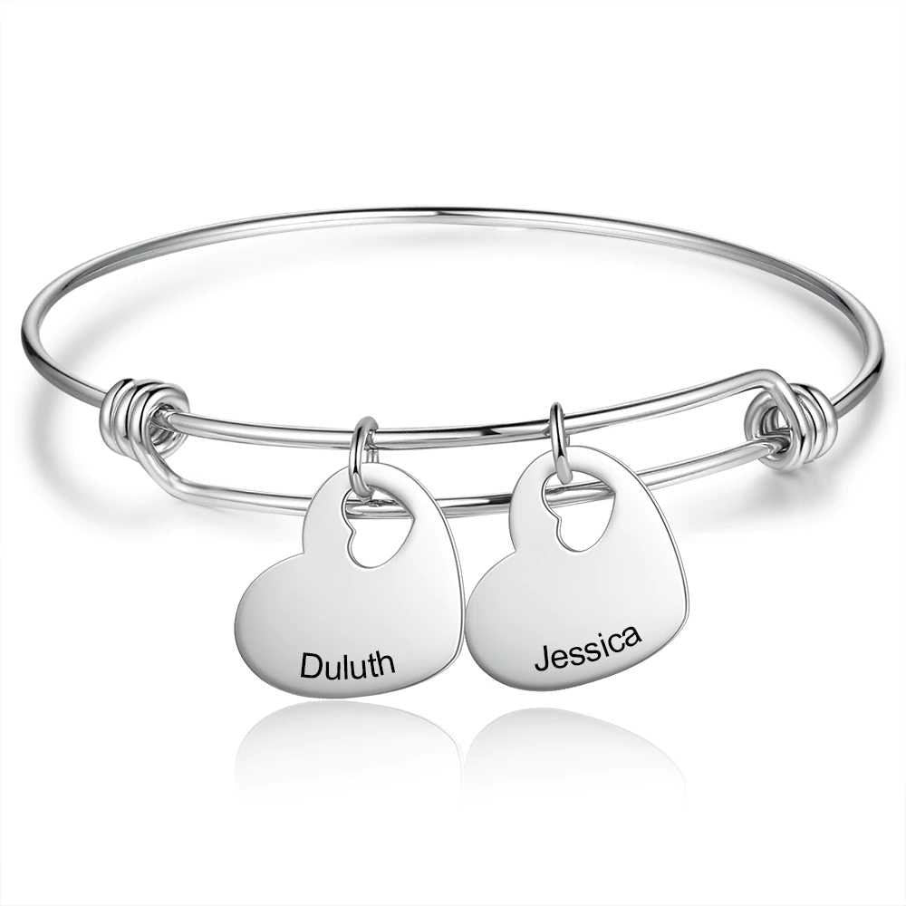 Personalized Engraved Name Heart Charms Bangles Stainless Steel Bracelets Promise Gifts for Girlfriend Lovers Customized Bangles