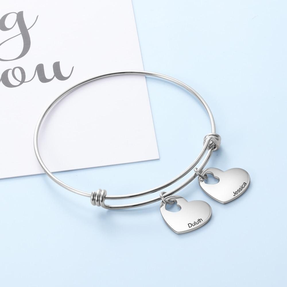 Personalized Engraved Name Heart Charms Bangles Stainless Steel Bracelets Promise Gifts for Girlfriend Lovers Customized Bangles