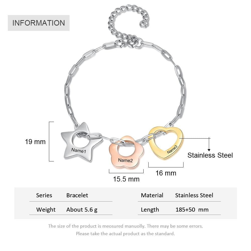 Personalized Engraving Name Link Chain Bracelet Custom 3 Colors Star Flower Heart Charm Bracelets Gift for Her Customized Bracelets
