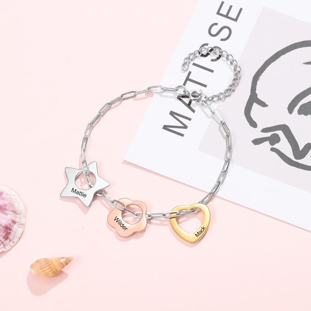 Personalized Engraving Name Link Chain Bracelet Custom 3 Colors Star Flower Heart Charm Bracelets Gift for Her Customized Bracelets