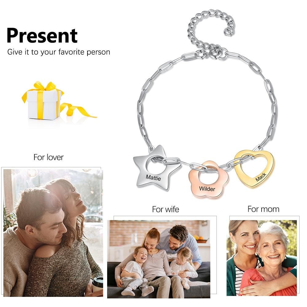 Personalized Engraving Name Link Chain Bracelet Custom 3 Colors Star Flower Heart Charm Bracelets Gift for Her Customized Bracelets