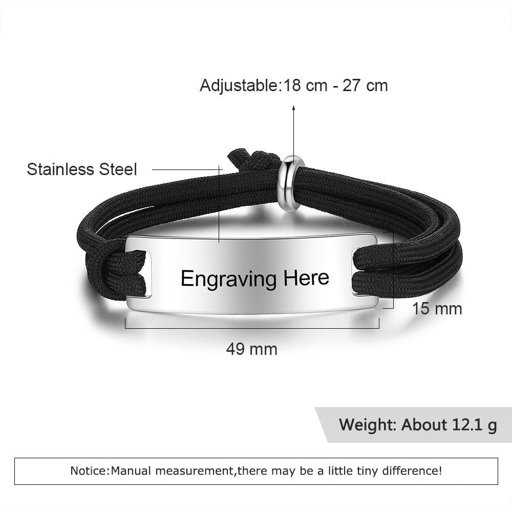Personalized Engraving Stainless Steel ID Bar Bracelets for Men Adjustable Black Rope Men Bracelets Jewelry Gift for Boyfriend Customized