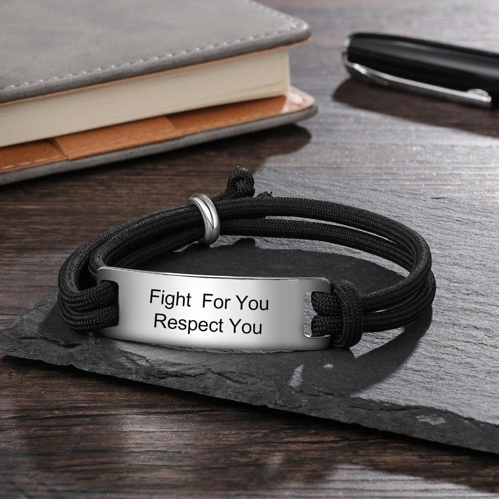 Personalized Engraving Stainless Steel ID Bar Bracelets for Men Adjustable Black Rope Men Bracelets Jewelry Gift for Boyfriend Customized