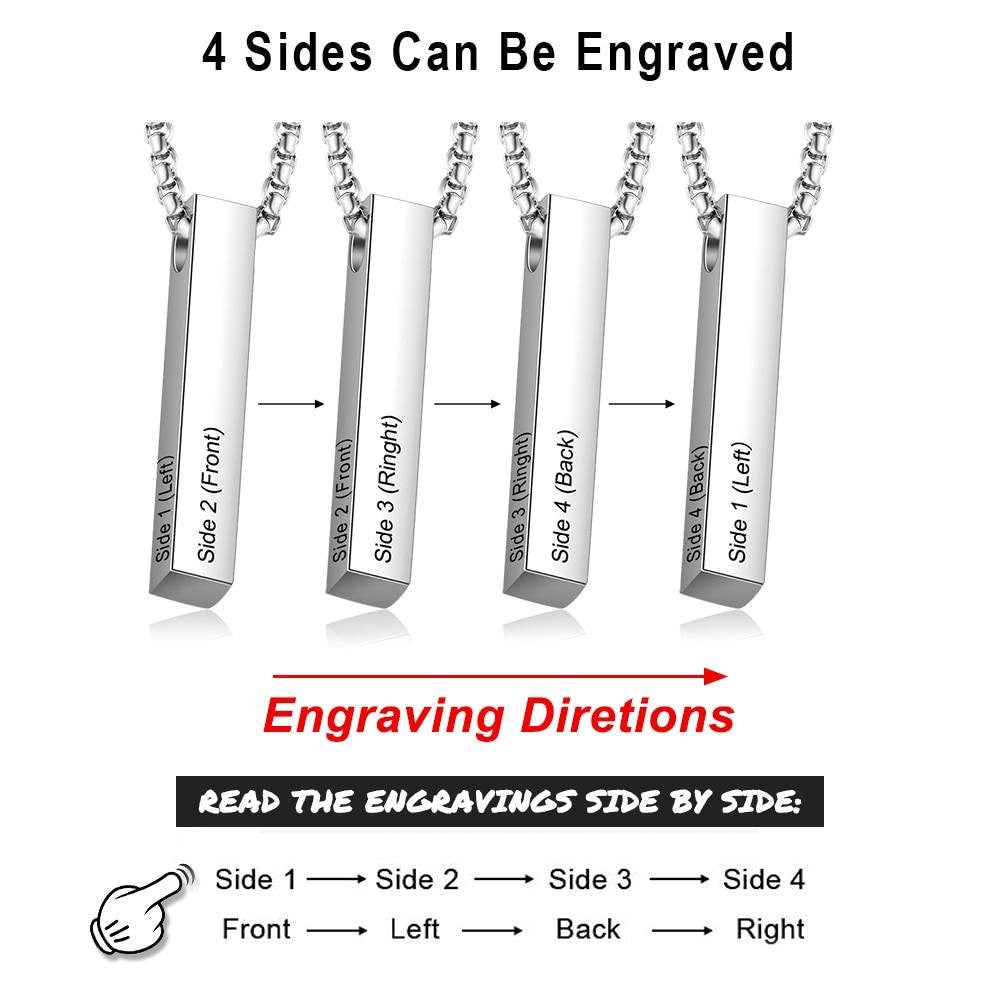 Personalized 4 Sides Engraving Name Men Necklaces Customized 3 colors Stainless Steel Vertical Bar Pendant for Fathers Customized Necklaces