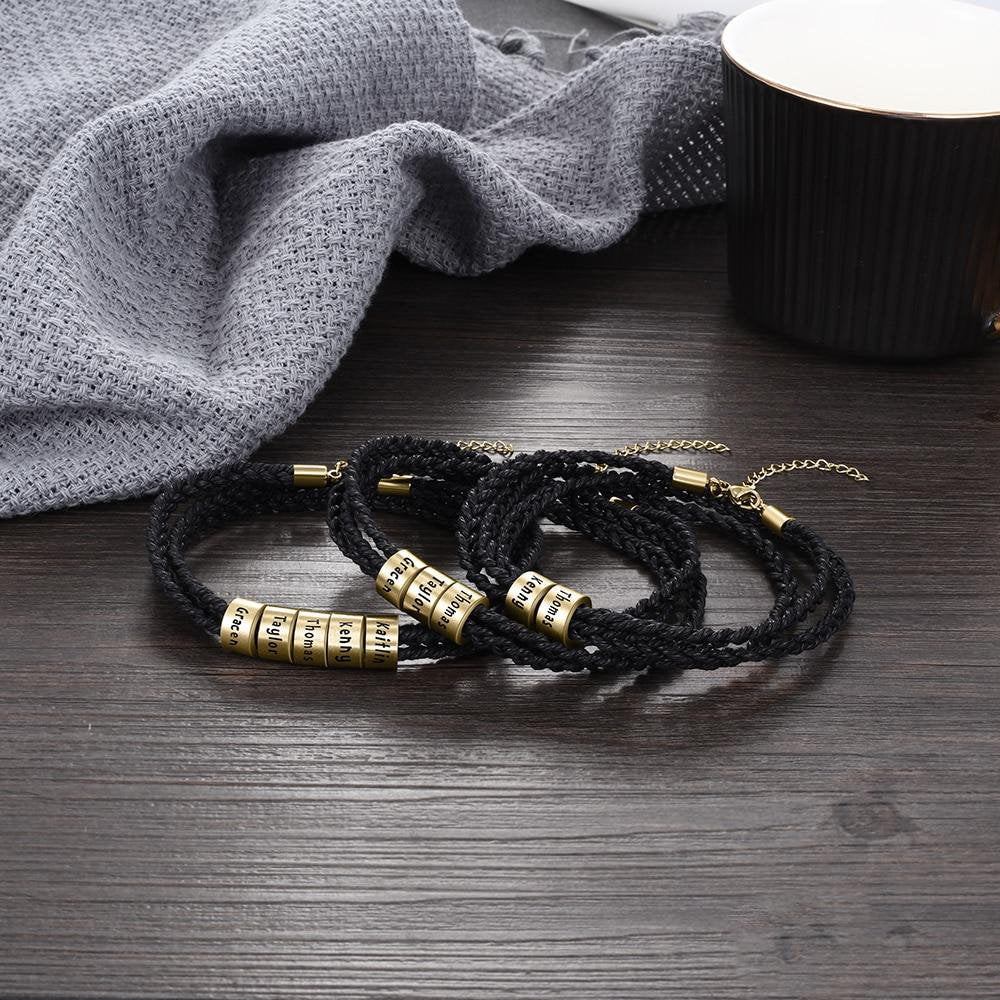 Personalized Engraved 2-5 Names Bracelet with Custom Beads Adjustable Braided Rope Bracelets for Men Family Gift Customized Bracelets