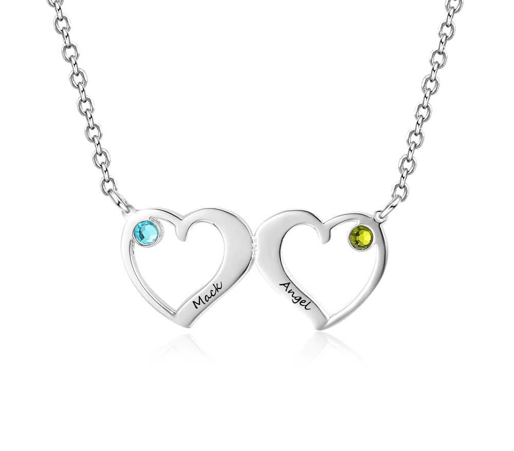 Customized Double Heart Pendant Necklace with 2 Birthstones Personalized Name Engraved Jewelry Couples Necklaces Customized Necklaces