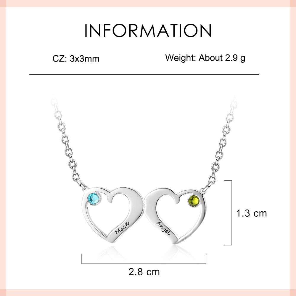 Customized Double Heart Pendant Necklace with 2 Birthstones Personalized Name Engraved Jewelry Couples Necklaces Customized Necklaces
