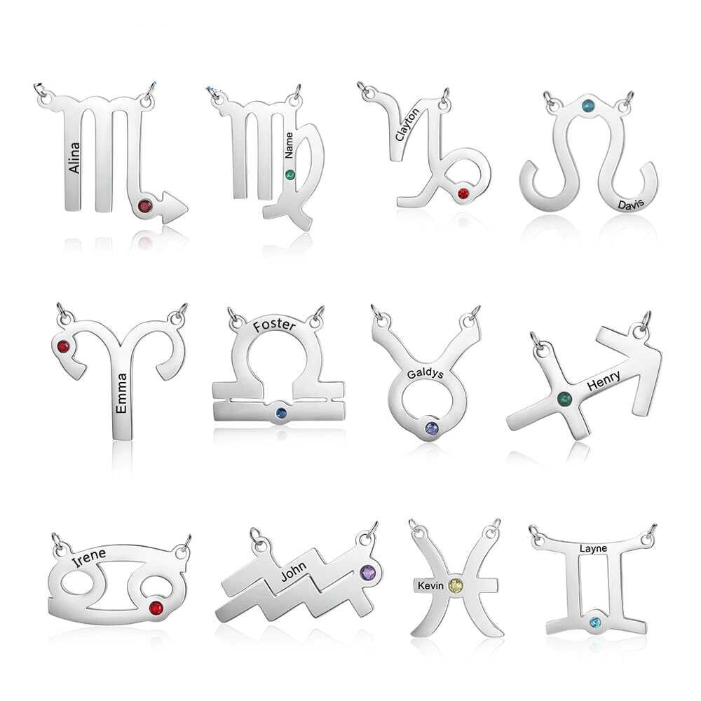 Personalized Engraved Name Horoscope Necklace with Custom Birthstone Stainless Steel 12 Constellations Pendant Customized Necklaces