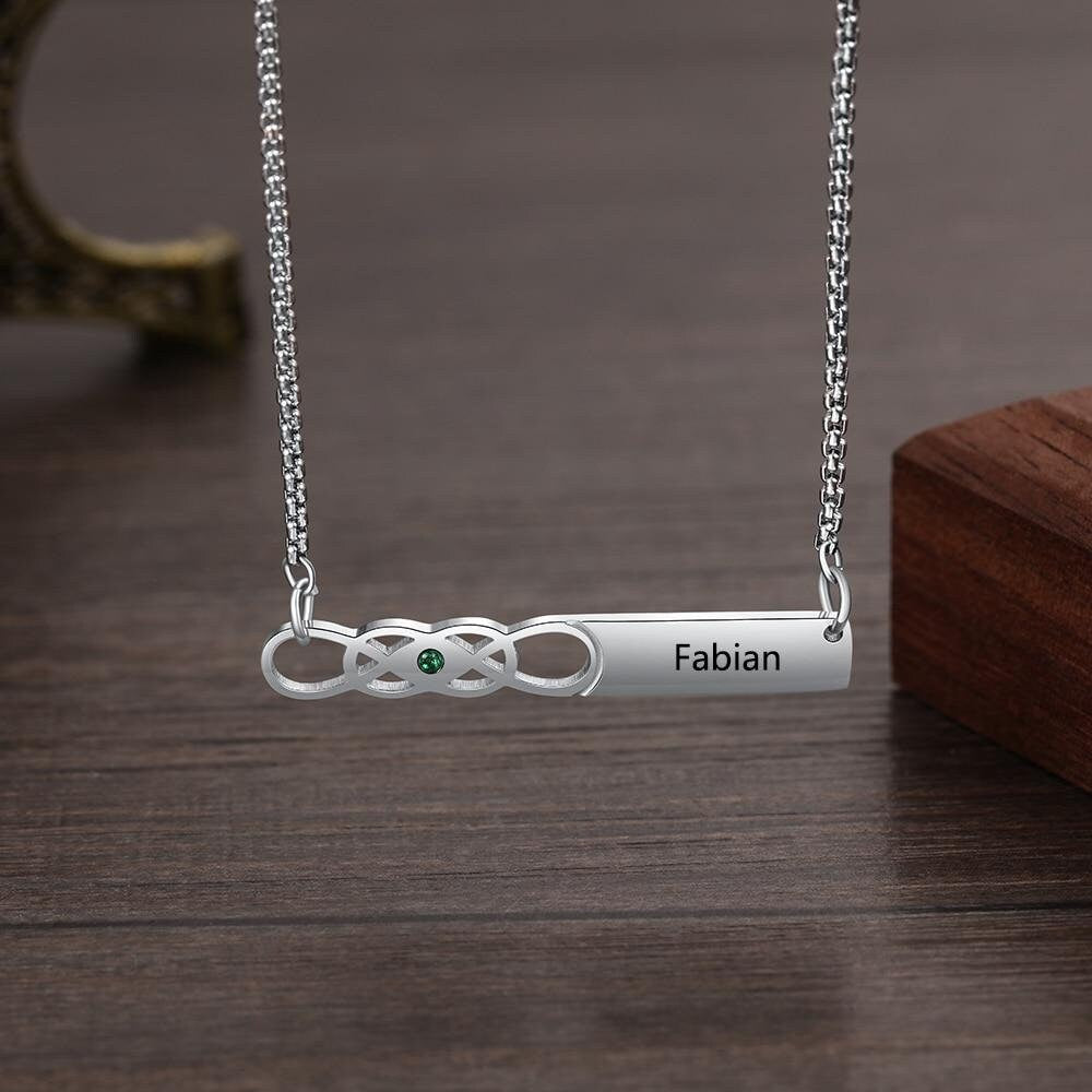 Personalized Custom Name Bar Necklace with Birthstone Infinity Stainless Steel Engraved Pendant for Women Customized Necklaces