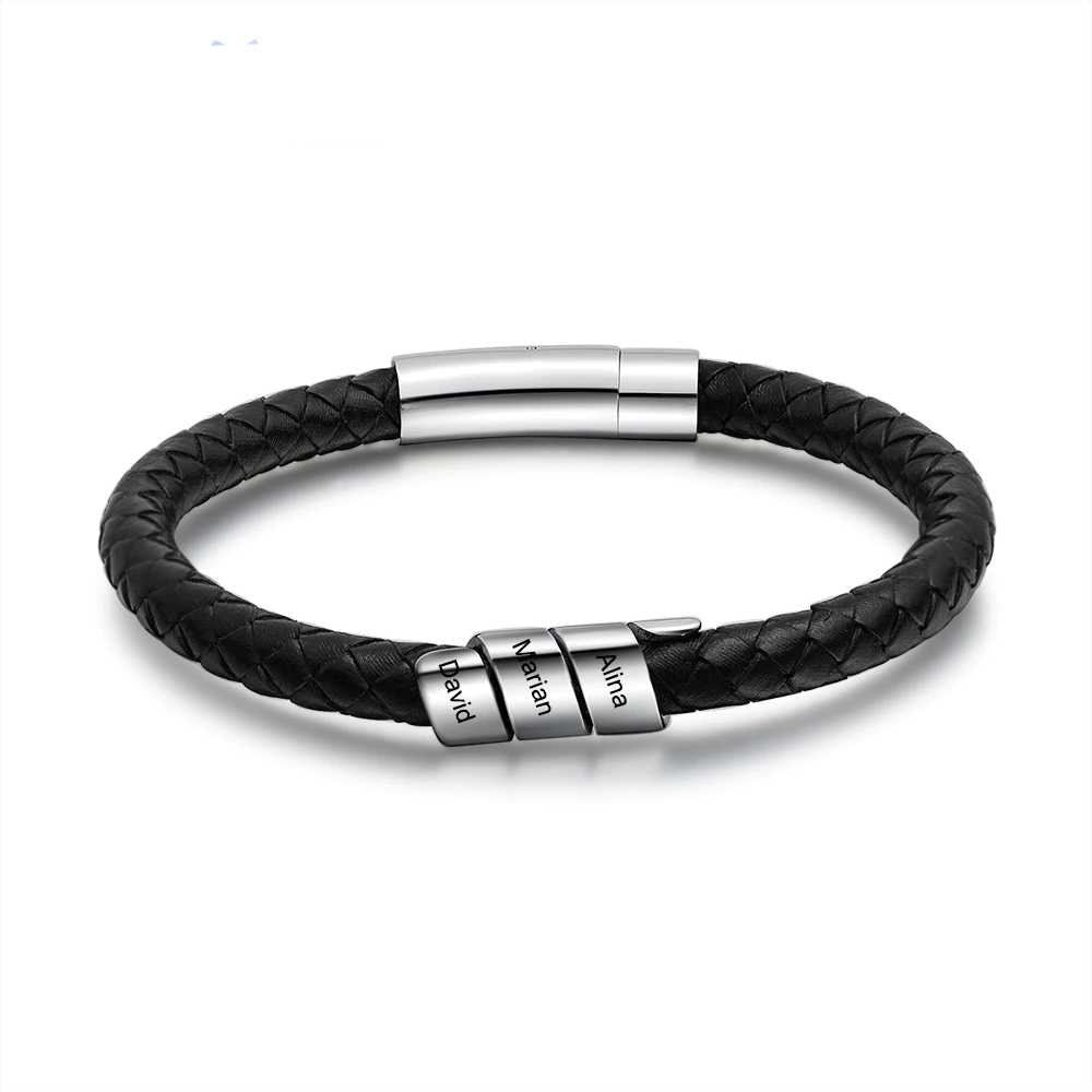 Customized Black Leather Bracelet Personalized Name Engraved Bracelets Stainless Steel Gift for Boyfriend Fathers Day Customized Bracelets