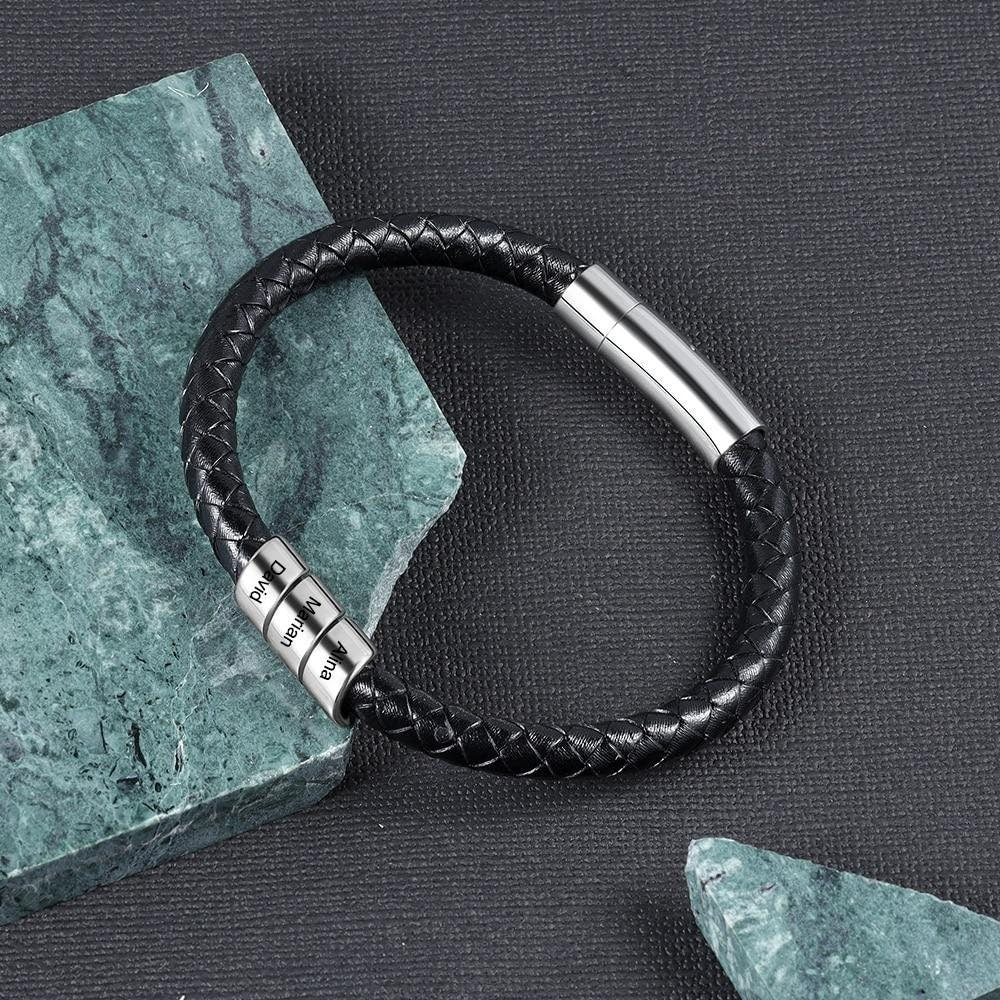 Customized Black Leather Bracelet Personalized Name Engraved Bracelets Stainless Steel Gift for Boyfriend Fathers Day Customized Bracelets
