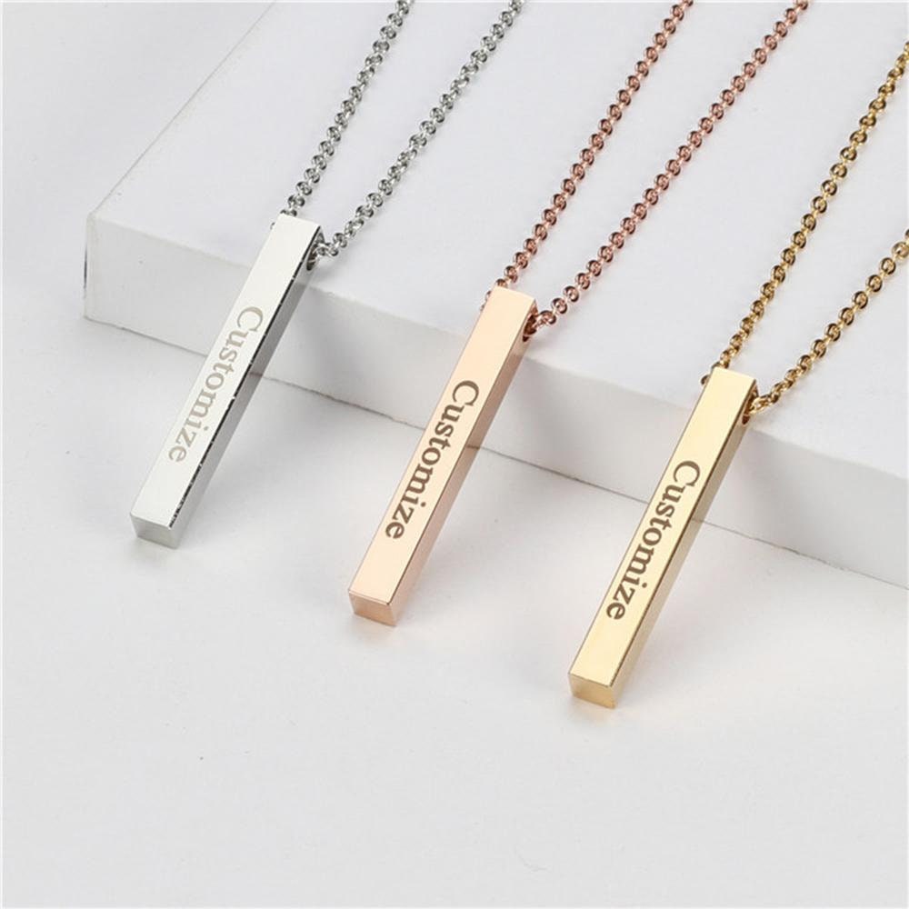 Custom Bar Necklace for Women Personalized Engraved Bar Necklace 4 Sides 3D Bar Cuboid Dainty Pendant Valentine’s Gift Name Necklace