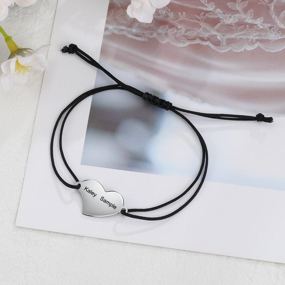 Customized Engraved 2 Names Braided Rope Bracelets for Women Stainless Steel Heart Bracelet Personalized Gift Jewelry Customized Bracelets