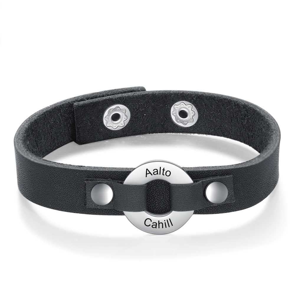 Personalized Engraving Name Circle Bracelets for Men Vintage Customized Black Leather Men Bracelet Gift for Father Boyfriend Customized