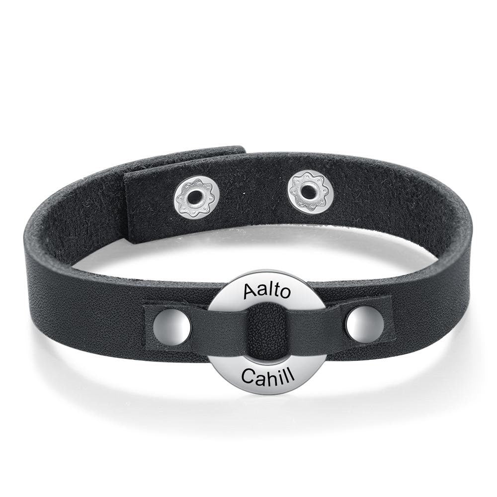 Personalized Engraving Name Circle Bracelets for Men Vintage Customized Black Leather Men Bracelet Gift for Father Boyfriend Customized
