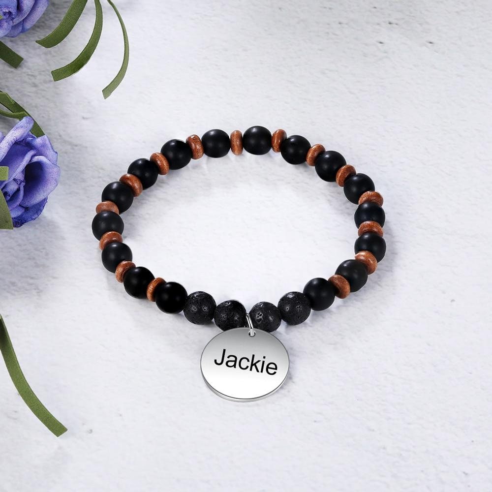 Customized Stainless Steel Round Disc Bracelet Personalized Engraved Name Beaded Chain Bracelets for Men Father Gifts Customized Bracelets