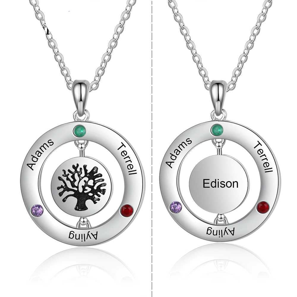 Personalized Family Tree Pendant with 3 Birthstones Customized Name Engraved Rotatable Round Necklace Jewelry Customized Necklaces