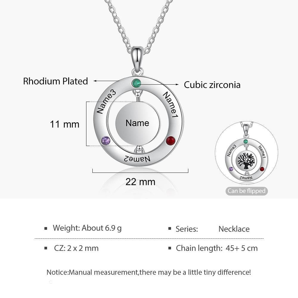 Personalized Family Tree Pendant with 3 Birthstones Customized Name Engraved Rotatable Round Necklace Jewelry Customized Necklaces