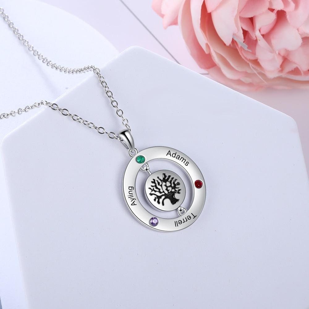 Personalized Family Tree Pendant with 3 Birthstones Customized Name Engraved Rotatable Round Necklace Jewelry Customized Necklaces