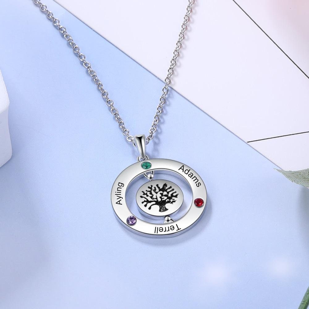 Personalized Family Tree Pendant with 3 Birthstones Customized Name Engraved Rotatable Round Necklace Jewelry Customized Necklaces