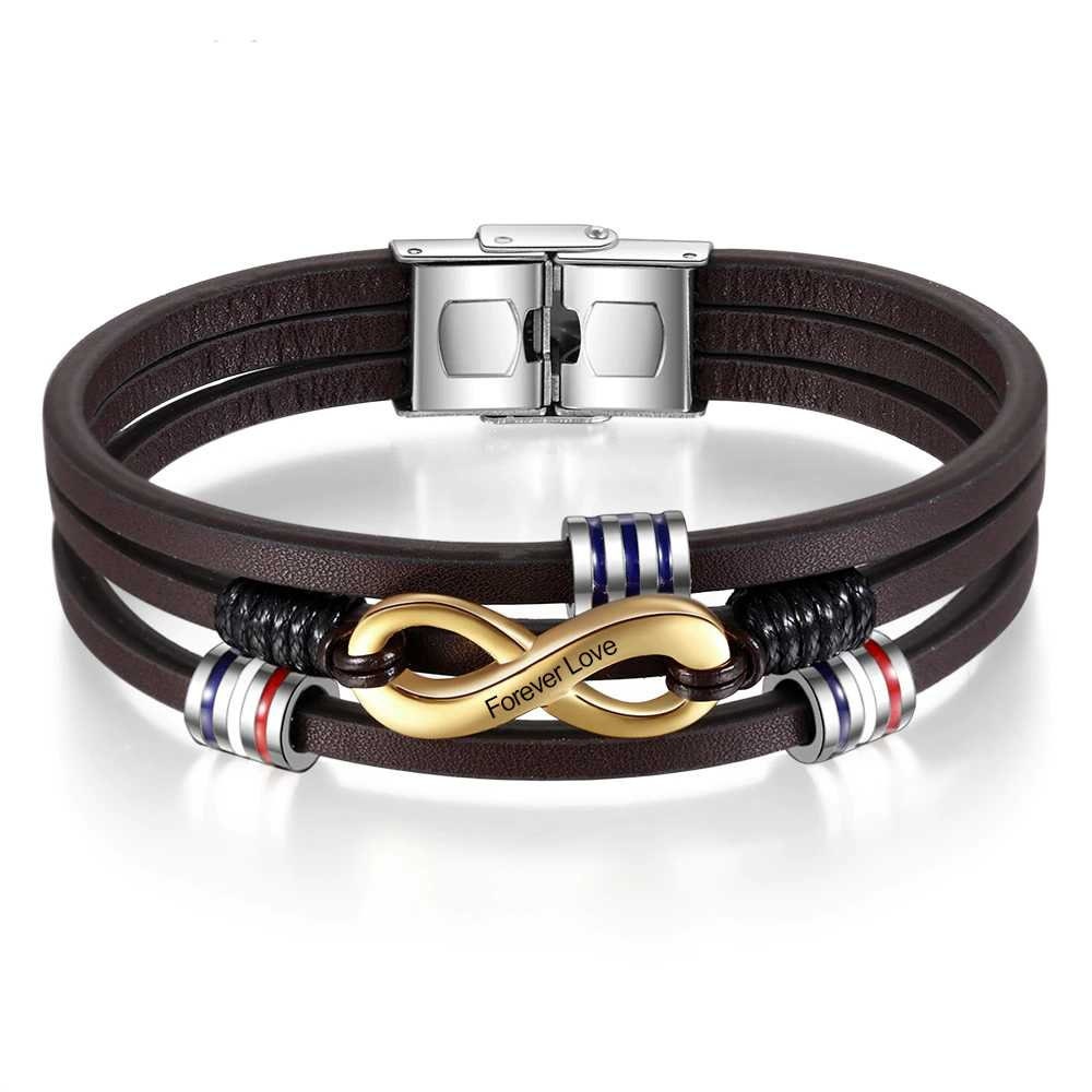 Customized 3 Layers Brown Leather Bracelets for Men Personalized Engraving Name Infinity Wristband Bracelets Customized Bracelets