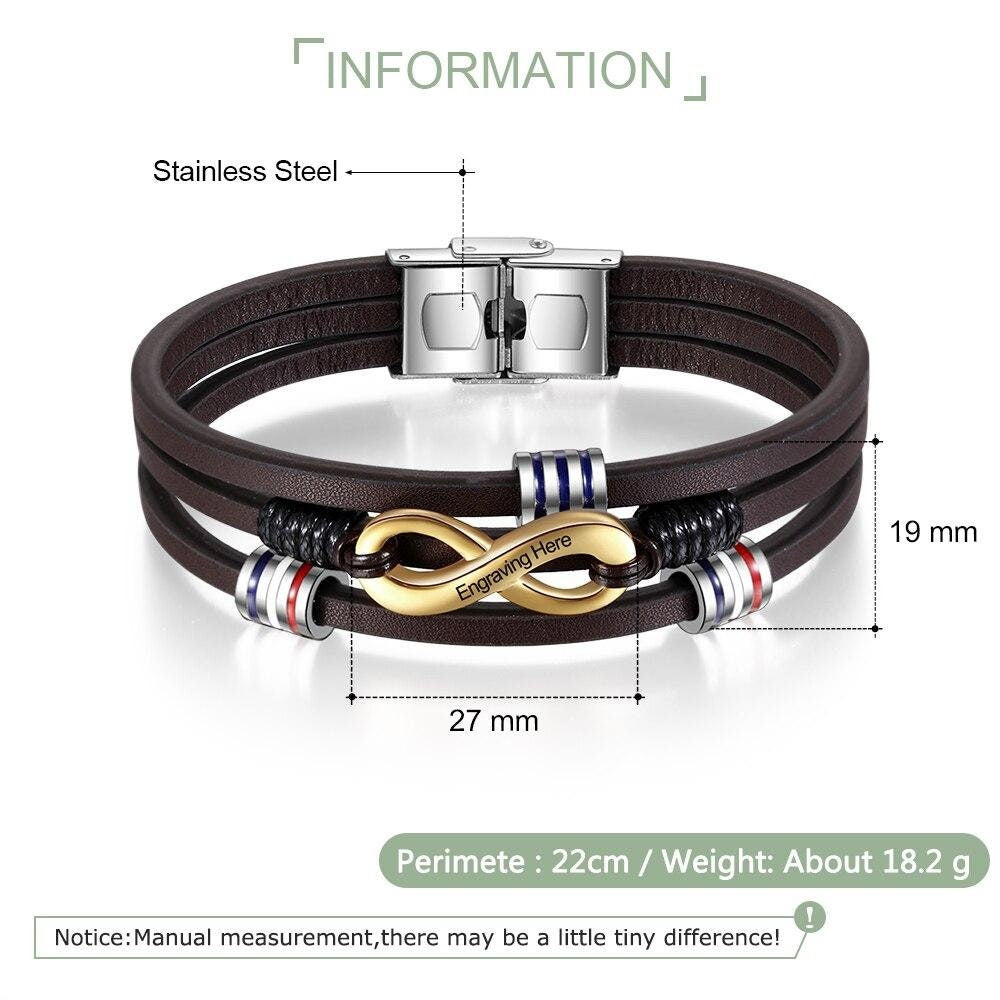 Customized 3 Layers Brown Leather Bracelets for Men Personalized Engraving Name Infinity Wristband Bracelets Customized Bracelets