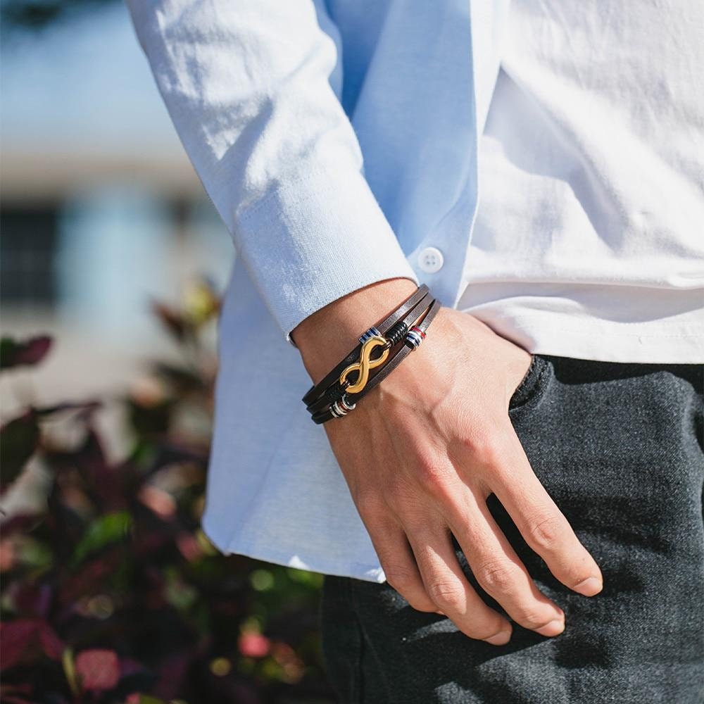Customized 3 Layers Brown Leather Bracelets for Men Personalized Engraving Name Infinity Wristband Bracelets Customized Bracelets