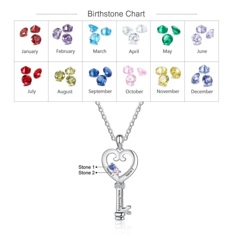 Personalized Key Necklaces Charm Pendant with Heart Engraved Names Memory Jewelry Customized birthstones Gift for Women Customized Necklaces