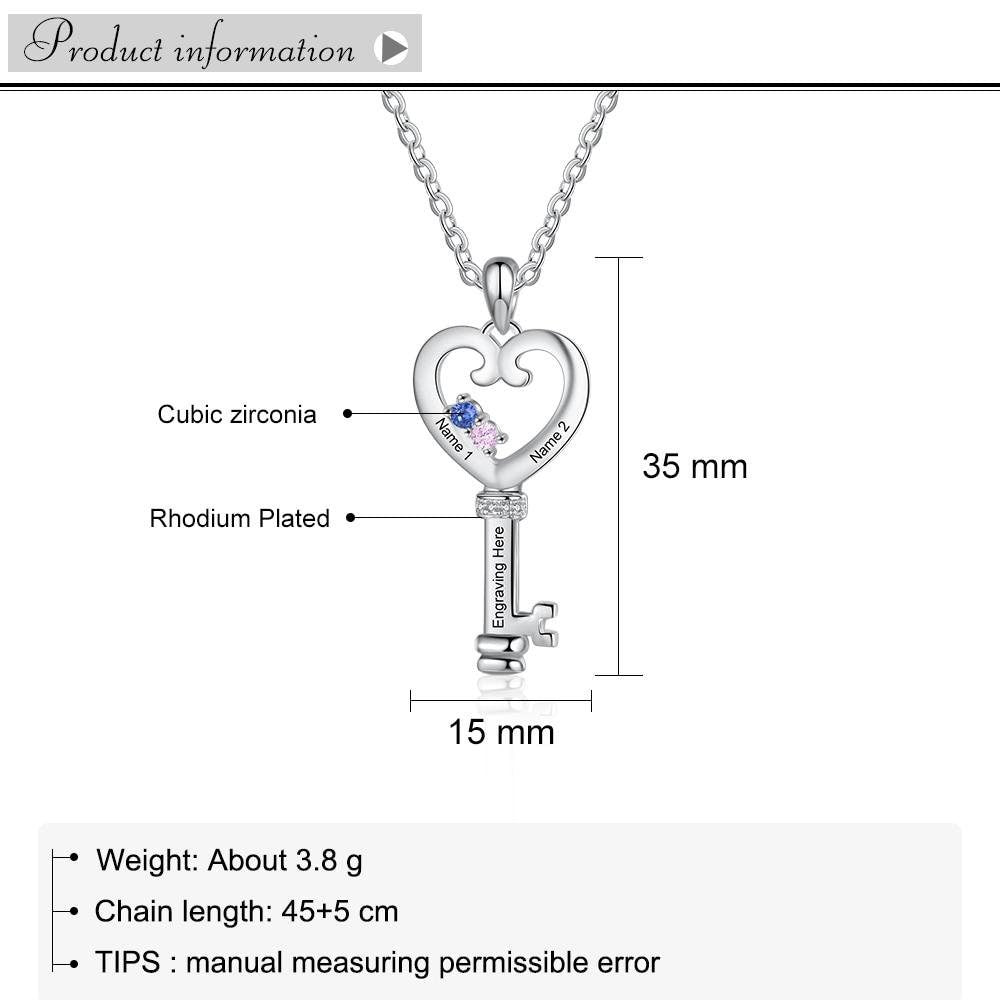 Personalized Key Necklaces Charm Pendant with Heart Engraved Names Memory Jewelry Customized birthstones Gift for Women Customized Necklaces