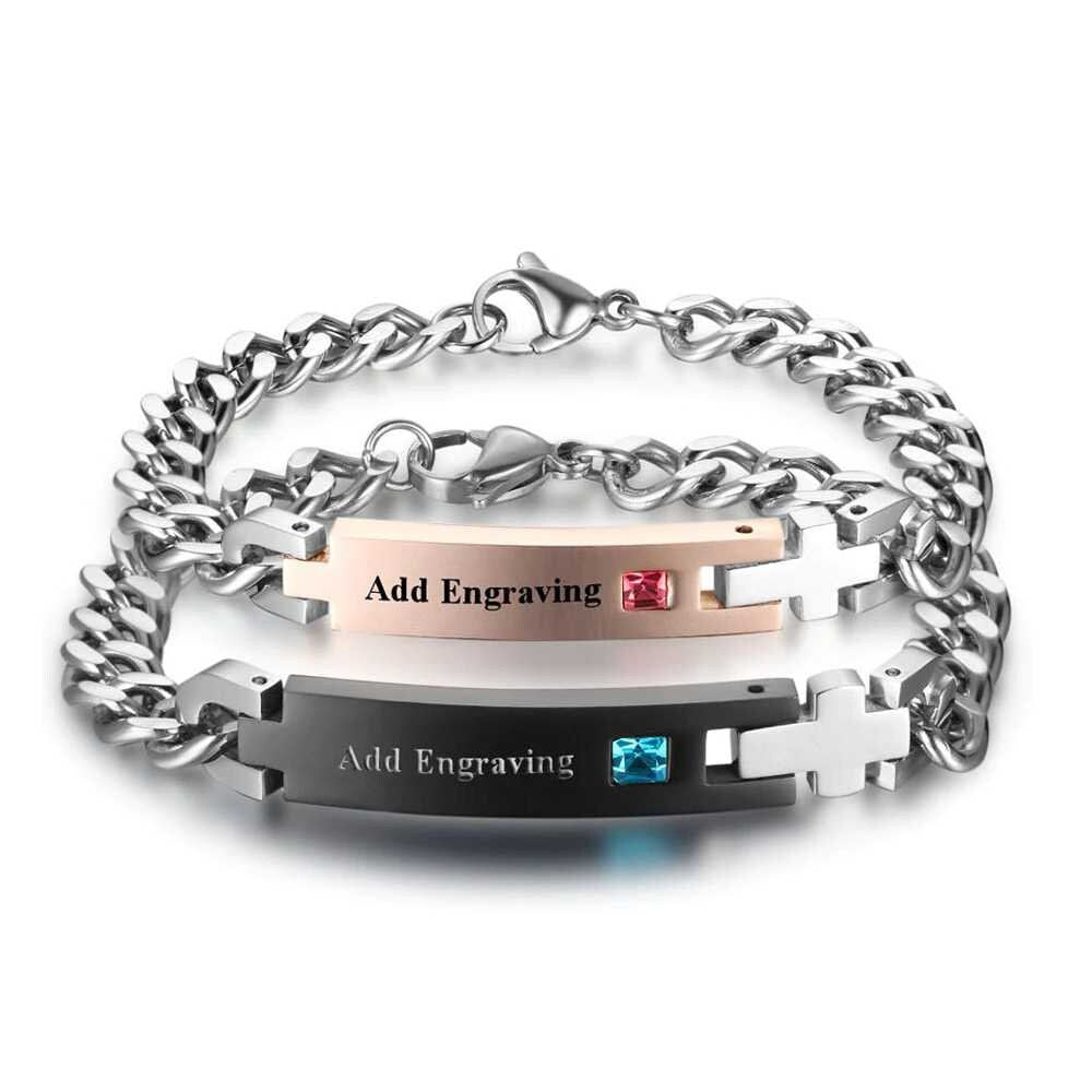 Personalized Birthstone Engrave Name Bracelet Lovers' Bracelets & Bangles Gift For Couple His Queen Her King Bracelet