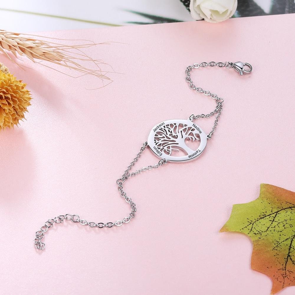 Personalized Tree of Life Bracelets with Engraving Name Stainless Steel Custom Family Tree Bracelets for Women Customized Bracelets