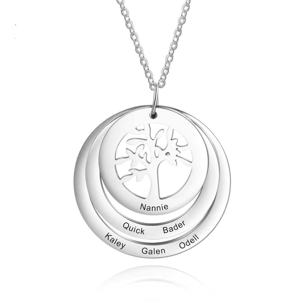 Personalized 6 Names Engraving Tree of Life Pendant Necklace Customized Stainless Steel Round Pendants for Women Gifts Customized Necklaces