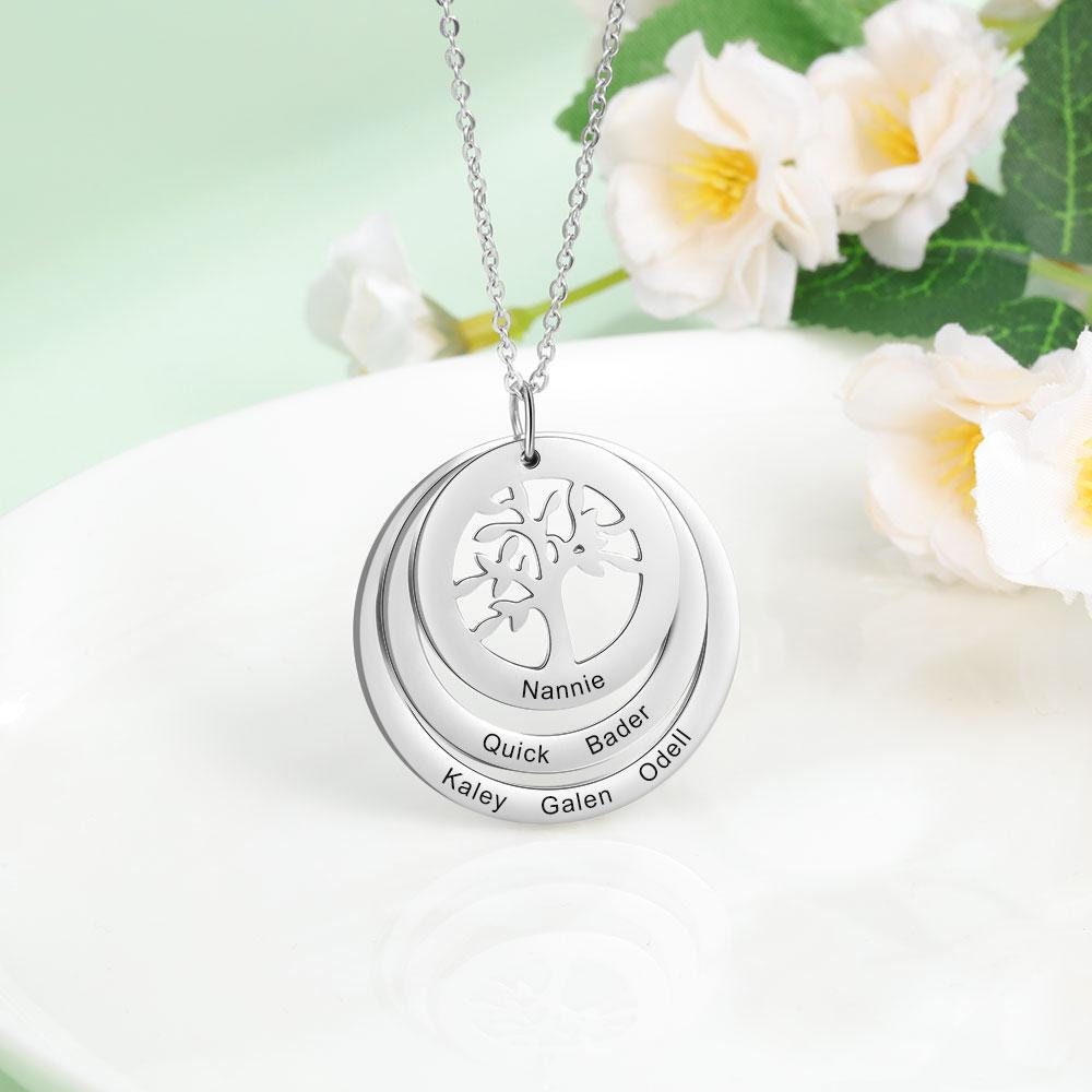 Personalized 6 Names Engraving Tree of Life Pendant Necklace Customized Stainless Steel Round Pendants for Women Gifts Customized Necklaces