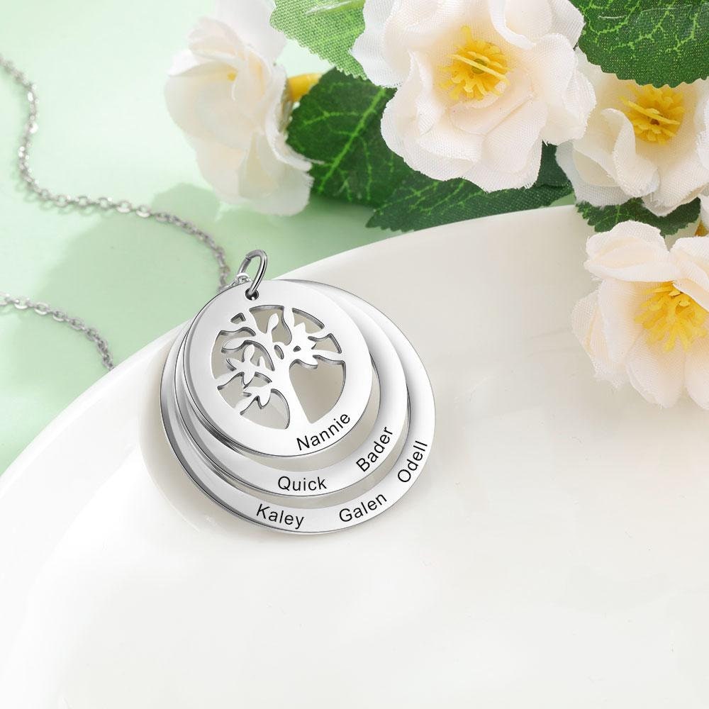 Personalized 6 Names Engraving Tree of Life Pendant Necklace Customized Stainless Steel Round Pendants for Women Gifts Customized Necklaces