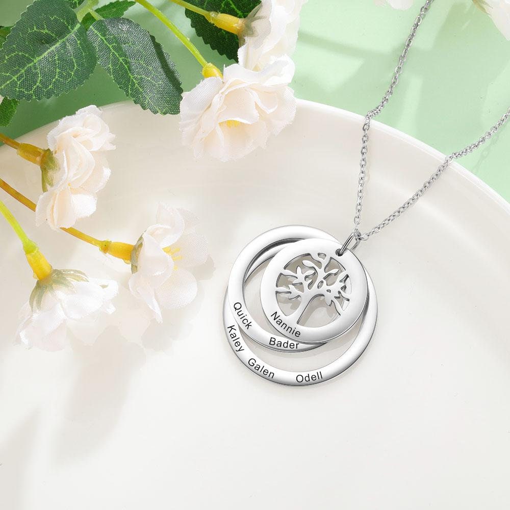 Personalized 6 Names Engraving Tree of Life Pendant Necklace Customized Stainless Steel Round Pendants for Women Gifts Customized Necklaces